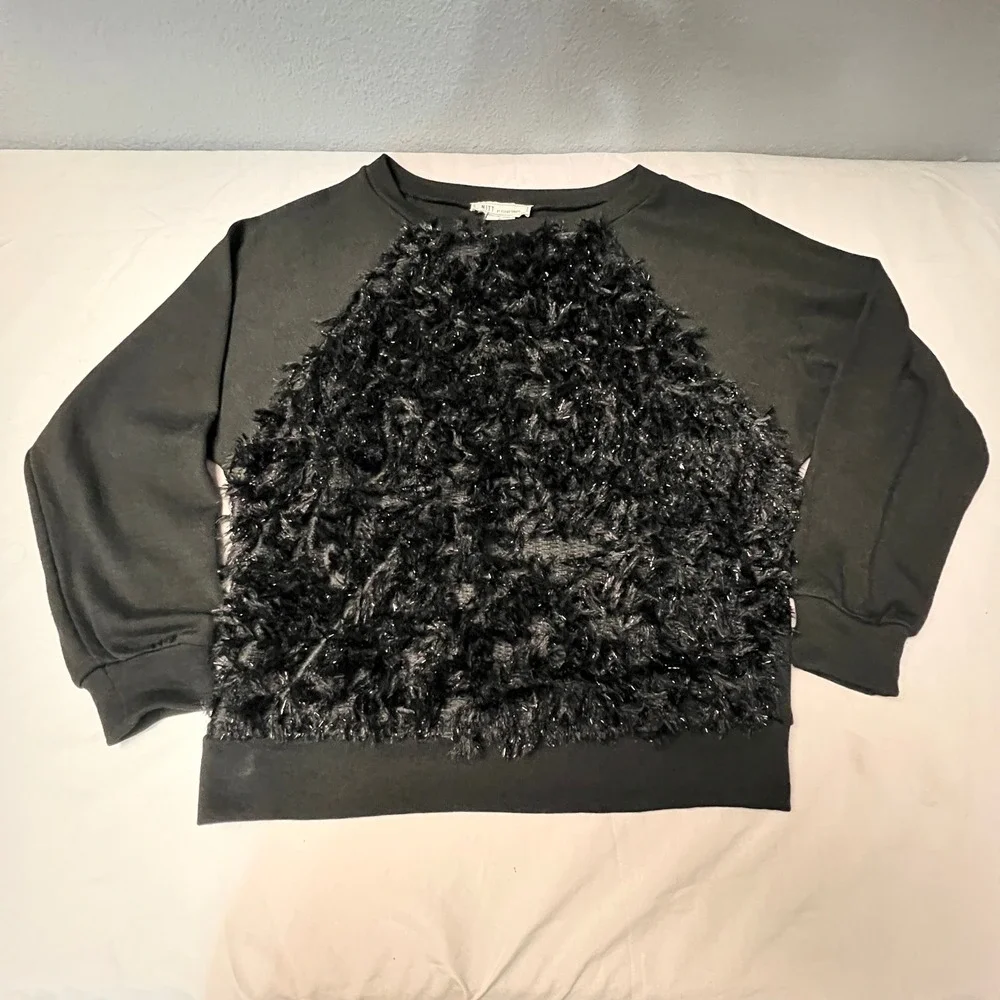 NITT by Flying Tomato Black Faux‎ Fur Feather Tinsel Sweatshirt Whimsigoth